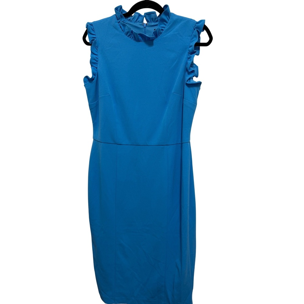 Maggy London Blue Ruffle Neck Sheath Dress Women US 12 Knee‎ Length Cocktail